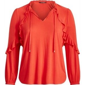 Lauren Ralph Lauren Ruffled Blouse V-Neck‎ Long Sleeve Top Red Size S NWT $99
